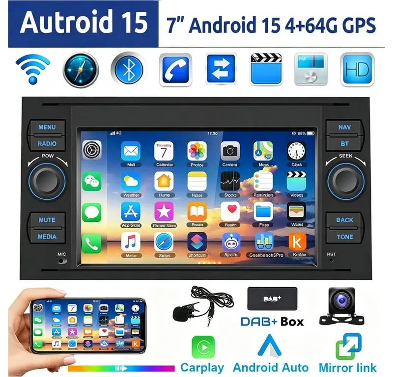 ESSGOO 7" Android 15 Für Ford Focus Transit MK7 C S-Max Fiesta Galaxy Kuga Autoradio (RDS, 2+64GB(optional), 4G, FM, DAB+ (optional), GPS Navi Carplay Android Auto Bluetooth EQ USB WIFI Touchscreen SWC), Schwarz, – Produktbild 2 von 6