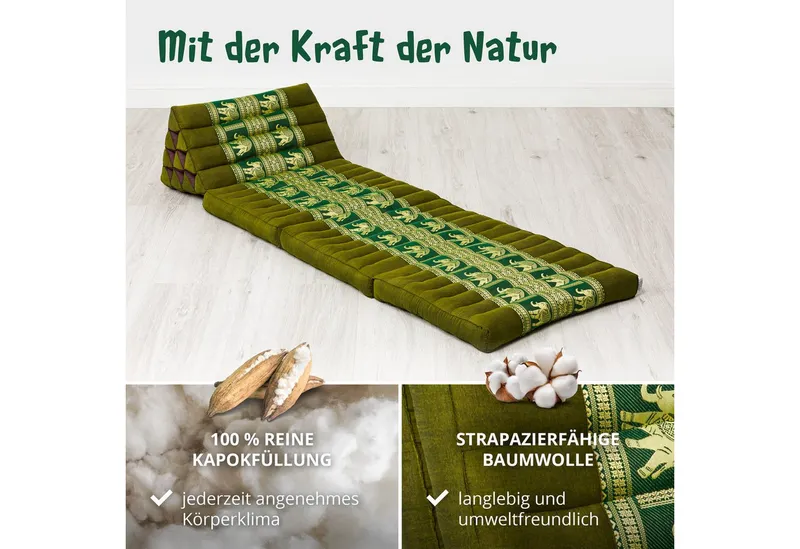 livasia Sitzsack Thaikissen 3 Auflagen (Deluxe) vegan und handgefertigt, 175x55x8cm, Kapok, Grün, – Produktbild 4 von 5