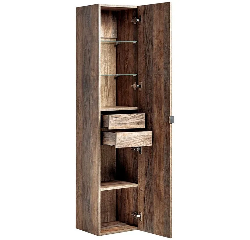 Lomadox Hochschrank PUEBLA-56 Badmöbel Vintage Oak Eiche, 2 Türen, B/H/T: 35/160/33 cm, Braun, – Produktbild 5 von 5