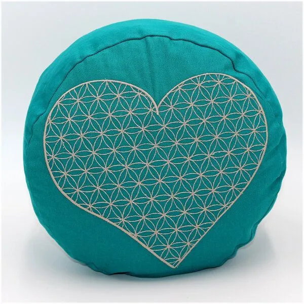 BAGHI BAGHI Bio Meditationskissen rund Herz-Blume-des-Lebens, Petrol, – Produktbild 1 von 2