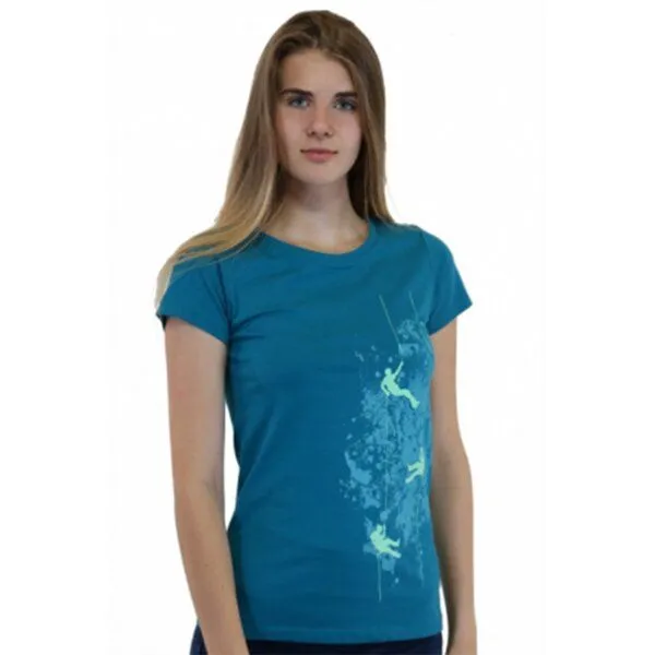 Spangeltangel Spangeltangel Damenshirt, “Kletterer“, T-Shirt, sportlich, bedruckt, Siebdruck, Bio-Baumwolle, Pazifikblau, – Produktbild 1 von 3