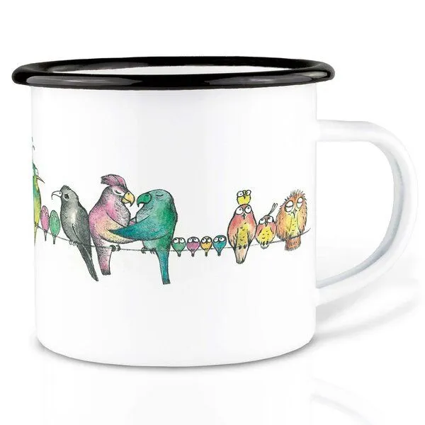 LIGARTI Emailletasse »Vogelparade« von LIGARTI | 300 oder 500 ml | handveredelt in Deutschland | Cup, Kaffeetasse, Emaillebecher, Camping Becher – Produktbild 1 von 1
