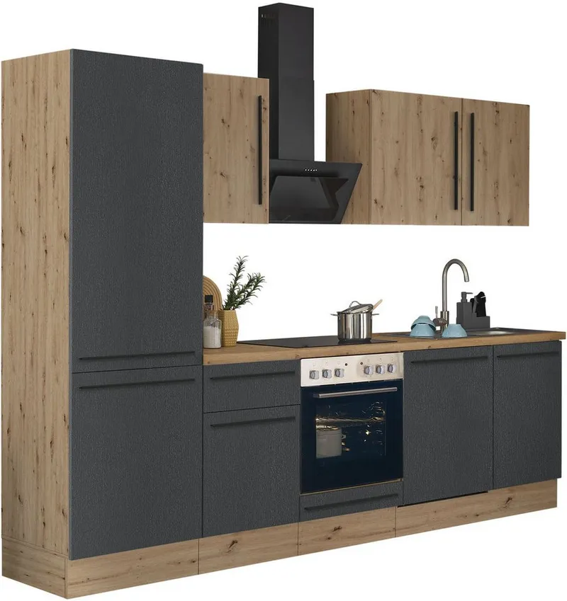 KOCHSTATION Küchenzeile KS-Florida mit 38mm starker Arbeitsplatte, Breite 280 cm, wahlweise mit E-Geräten, Soft-Close-Funktion, Schwarz, – Produktbild 8 von 8