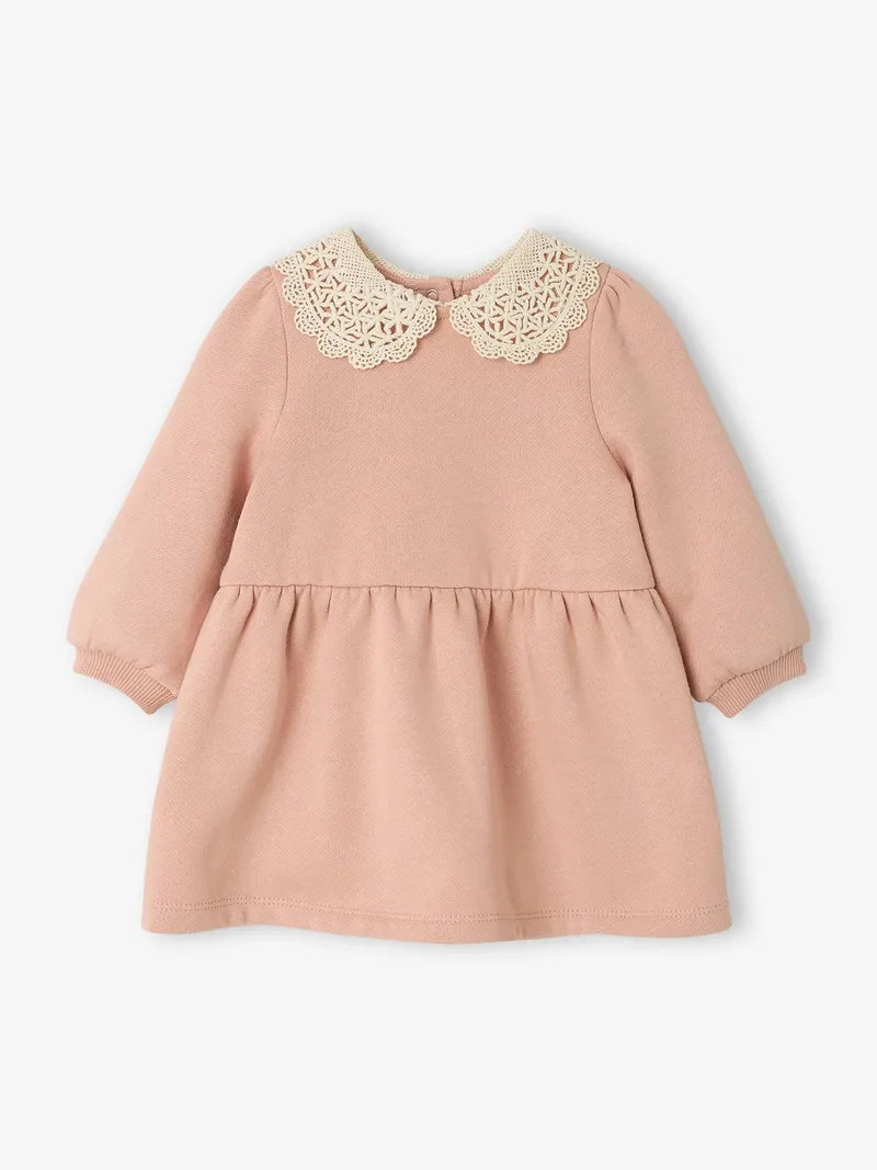 Vertbaudet Mädchen Baby Sweatkleid mit Häkelkragen pudrig, Pudrig rosa, – Produktbild 1 von 4