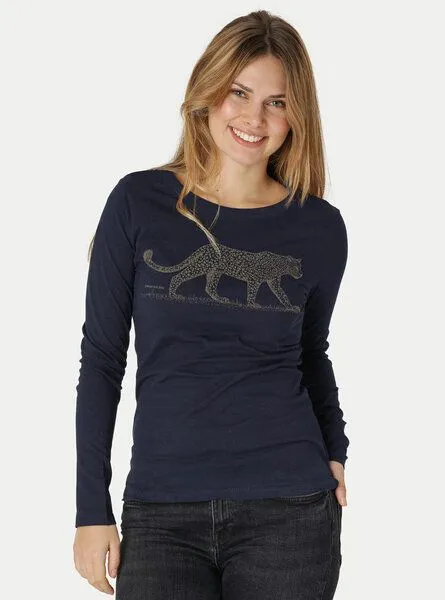 Peaces.bio - handbedruckte Biomode Peaces.bio - handbedruckte Biomode Bio-Damen-Langarmshirt Leopard, Blau, – Produktbild 1 von 2