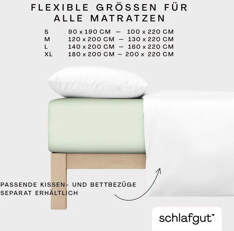 Schlafgut Schlafgut Spannbettlaken PREMIUM Mako-Zwirn-Jersey, 220 g/m², 95% Bio-Baumwolle, 5% Elasthan, Mako-Zwirn-Jersey, Gummizug: rundum, (1 Stück), Bettlaken bis 30 cm Höhe, PREMIUM-Qualität langlebig, perfekter Sitz, Grün, – Produktbild 1 von 5