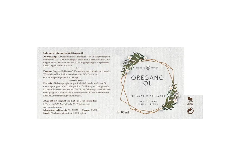 Nordic Pure Nordic Pure Oreganoöl – 80 % Carvacrol Tropfen, naturrein aus französischem Anbau – Vegan à 30 ml – Produktbild 3 von 5