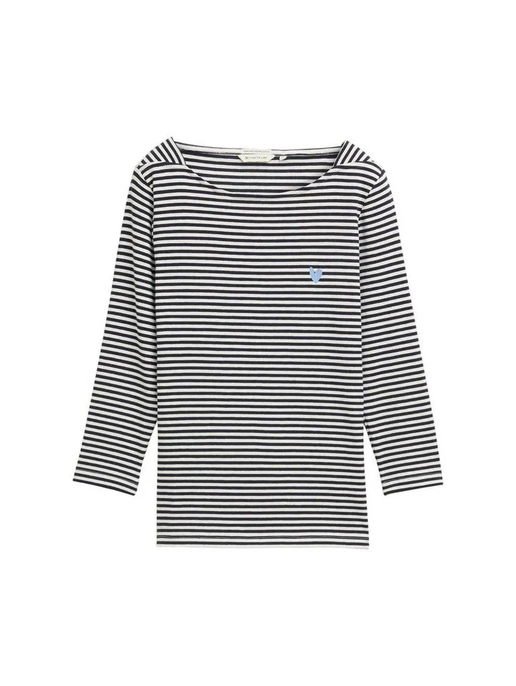 Tom Tailor Tom Tailor T-Shirt Gestreiftes mit Herz-Logo auf der Brust für Damen (1-tlg) Bio-Baumwolle nachhaltig Regular Fit Normal 3-4 Ärmel, Blau, – Produktbild 1 von 5