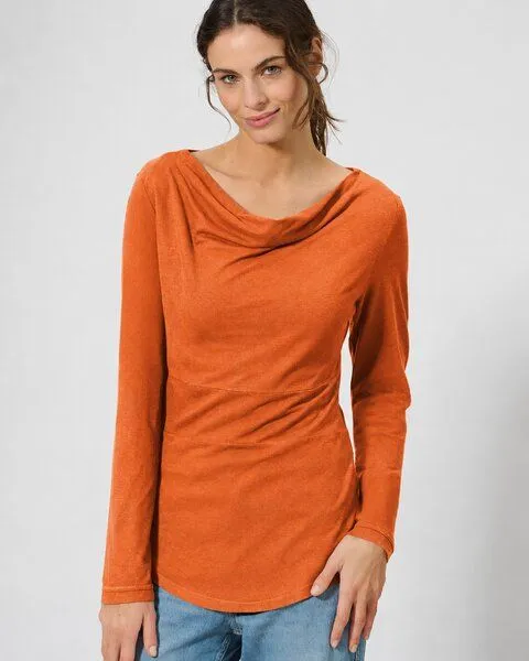 HempAge HempAge Damen Langarmshirt mit Wasserfallkragen Hanf/Biobaumwolle, Coral orange, – Produktbild 1 von 3