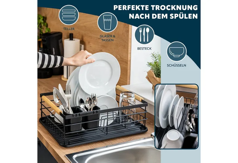 eluno Geschirrständer Metall-Abtropfgestell mit Abtropfschale für Geschirr mit Besteckhalter, Schwarz, – Produktbild 3 von 5