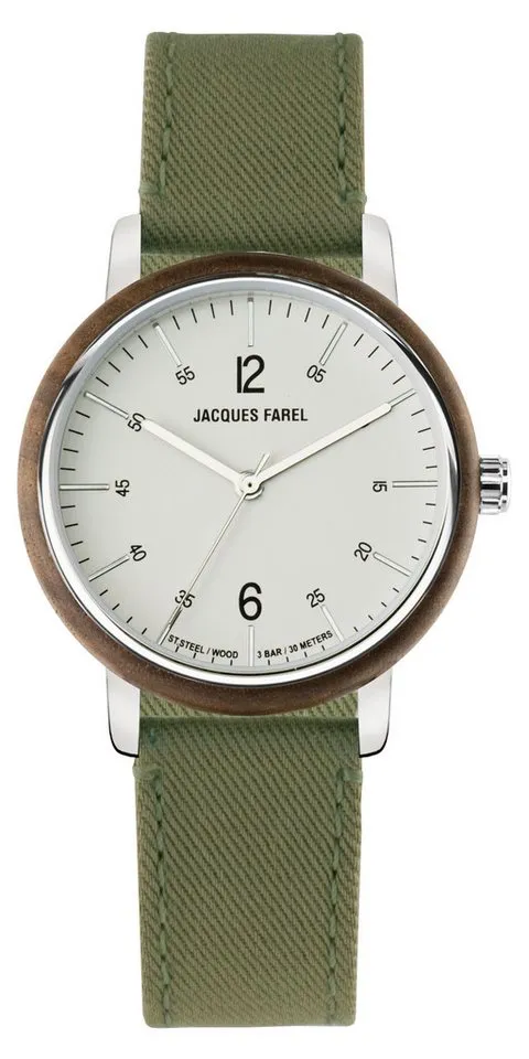 Jacques Farel Quarzuhr ORW1037 Damen Armbanduhr Stahlgehäuse Holzring Lyocellband 3 bar, Analog Grün Dunkelbraun Holzuhr Geschenk Frauen Ø38 mm – Produktbild 2 von 3