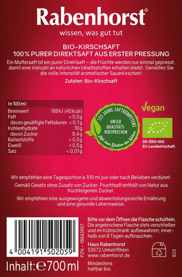 Haus Rabenhorst Saft RABENHORST Sauerkirsche MUTTERSAFT BIO 6er Pack (6 x 700 ml), 0,7 l, 700 ml, 6 St. – Produktbild 4 von 4