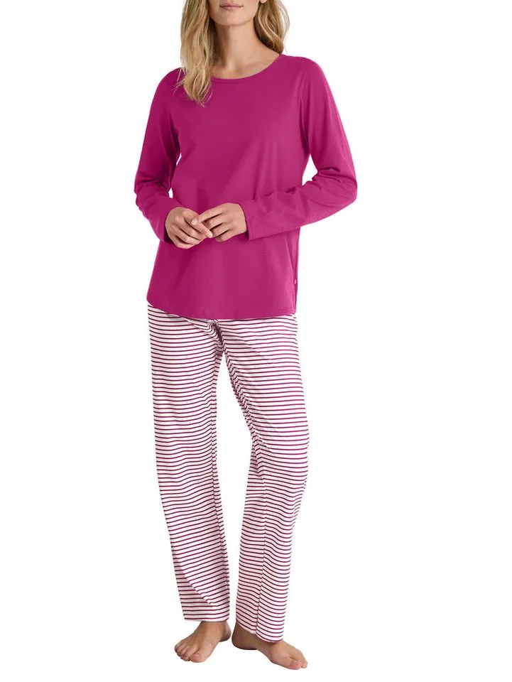 CALIDA CALIDA Schlafanzug (2 tlg) Rundhalsausschnitt, langarm, Oberteil uni, Hose mit Streifen, Rot, – Produktbild 5 von 5
