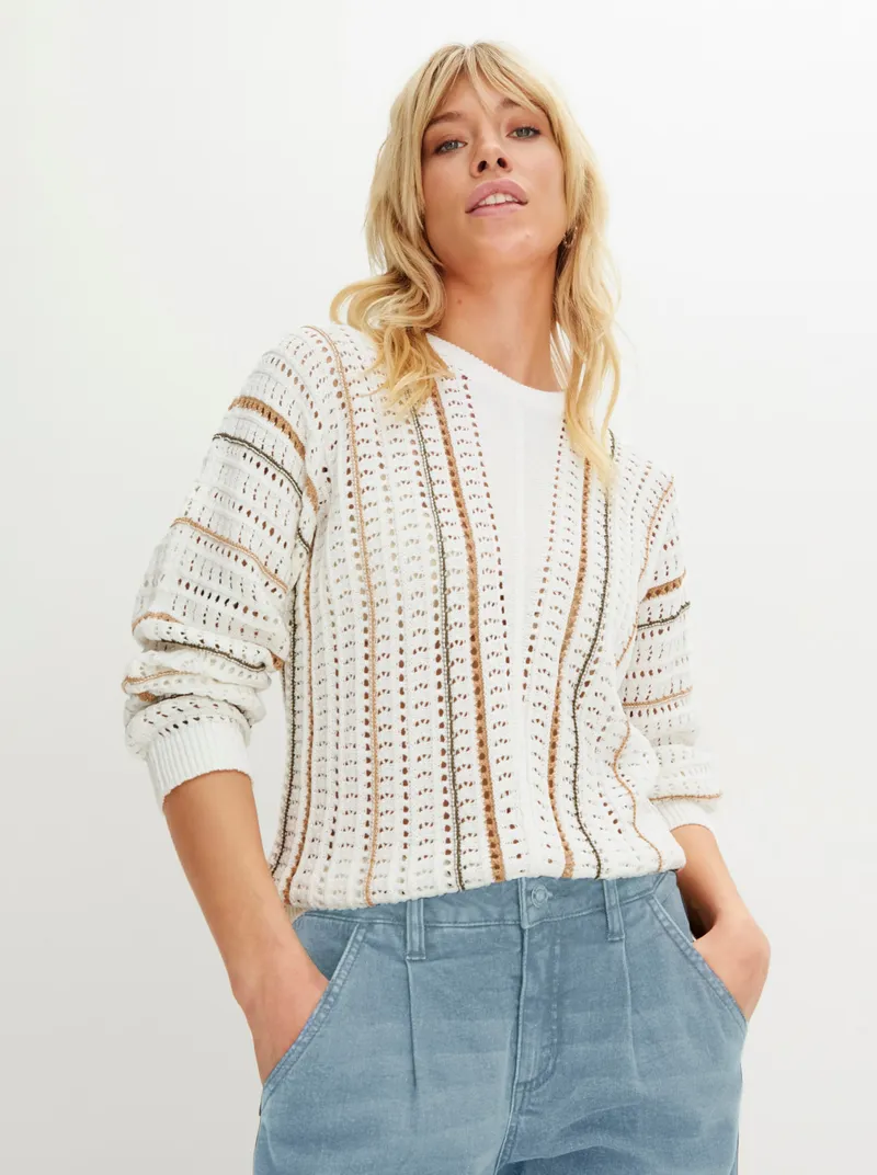 Witt Ajourpullover ecru-khaki-gestreift, Ecru-khaki-gestreift, – Produktbild 1 von 1
