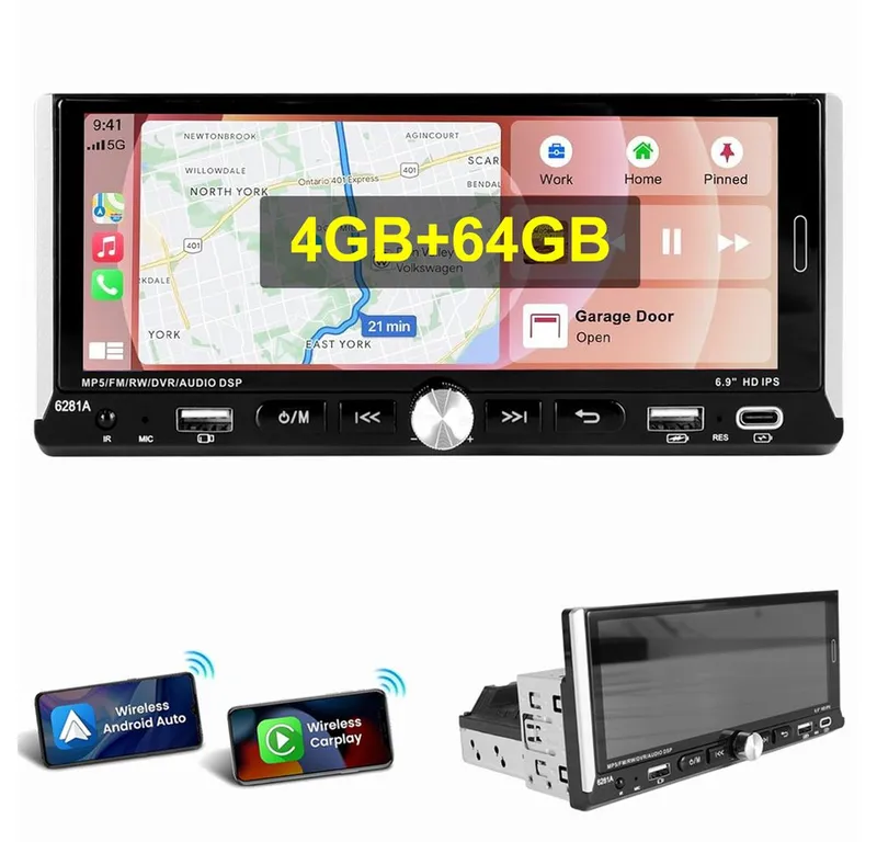 ESSGOO 4GB+64GB Single 1DIN Android 15 Apple Carplay Android Auto GPS WiFi Navigationsgerät (Carplay Android Auto Bluetooth FM AM RDS WIFI GPS), Schwarz, – Produktbild 1 von 5