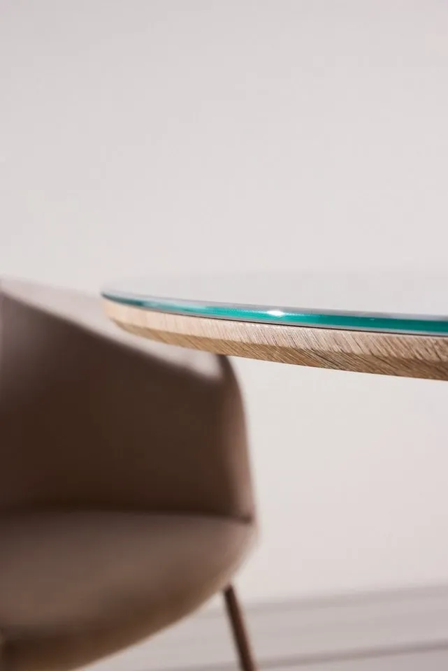 Venture Home Esstisch Härön, runder Esstisch Ø 120 cm mit Glasplatte und Holzfuß, FSC, Esszimmertisch, transparente Platte, MDF-Mittelfuß, gerippt, hell, Weiß, – Produktbild 3 von 5