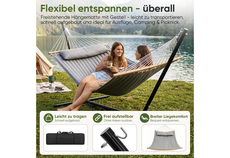 Sekey Hängemattengestell Hängematte mit Gestell, Doppelhängematte für 2 Personen mit Kissen, bis 200 kg belastbar Hängemattengestell mit Ständer für Garten Outdoor, Grau, – Produktbild 4 von 5
