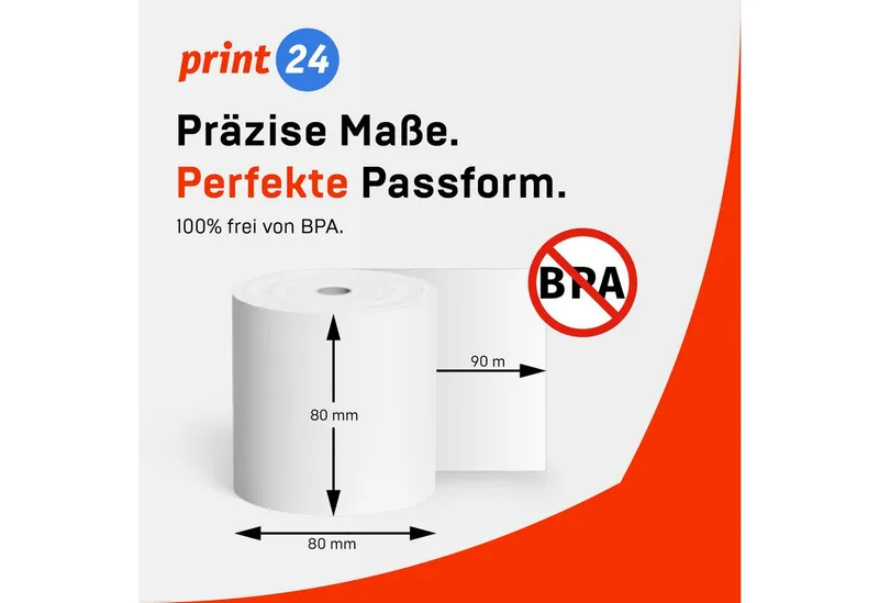 print24 Endlospapier Thermorollen, 80 x 80 x 12mm, 90m, PEFC, Für EPSON, IBM, u.v.m., PEFC-Zertifikat (GFA-PEFC-COC-500582) – Produktbild 3 von 5