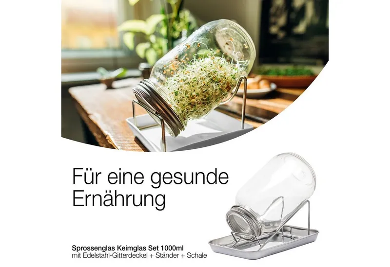 BigDean Anzuchttopf Sprossenglas Keimglas 1000ml mit Edelstahl-Gitterdeckel + Ständer (Set, 1 St., Sprossengläser), Sprossenglas, Leichte Anwendung, Gesunde Ernährung, Einfache Reinigung, Silberfarben|weiß, – Produktbild 2 von 5