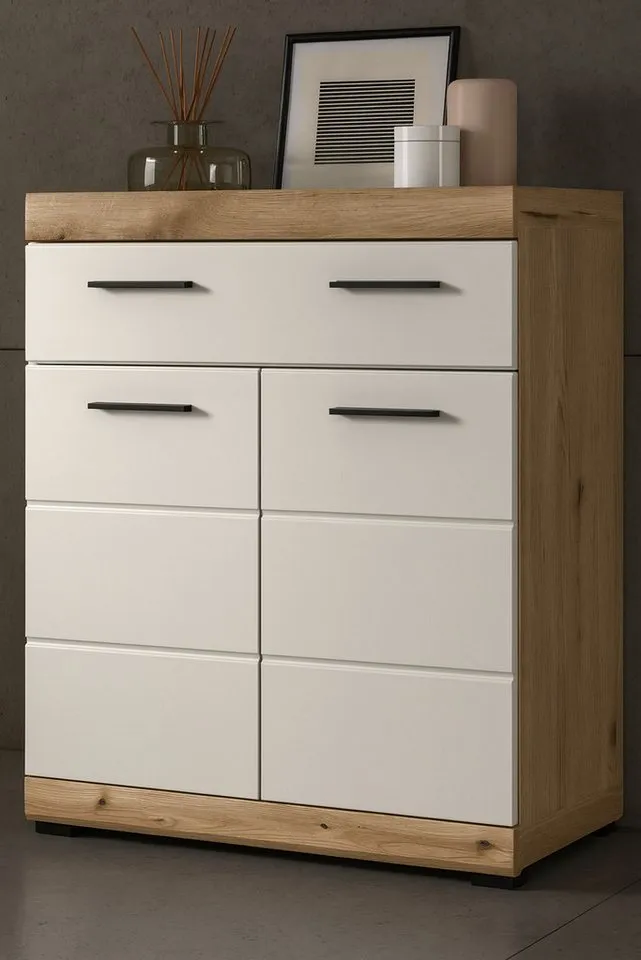 Inn.Furn Badkommode Shawn (Badschrank in Eiche und Sand / Kaschmir, 2-türig, 74 x 88 cm), mit Vollauszug, Beige, – Produktbild 2 von 5