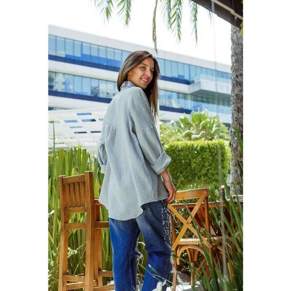 Hutch&Putch Hutch&Putch Musselin Oversize Bluse - Klassische Bluse - Langarmbluse aus 100% Bio-Baumwolle, Aquamarine, – Produktbild 4 von 4