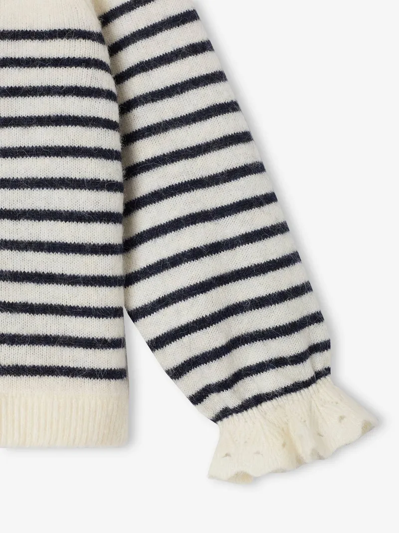 Vertbaudet Vertbaudet Gestreifter Baby Pullover mit Volantkragen Mama-Tochter-Capsule, Wollweiß, – Produktbild 4 von 4
