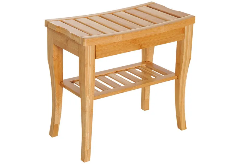 HOMCOM HOMCOM Dusch- und Badhocker Badhocker mit Ablage Duschsitz Duschstuhl Badstuhl Badregal, belastbar bis 130 kg, aus Bambus Natur 47,5 x 26 x 44,5 cm, Beige, – Produktbild 2 von 5