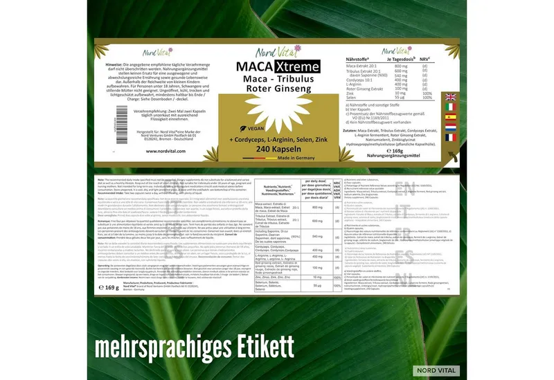 Nord Vital Maca Extreme: Cordyceps, Tribulus & Arginin. 240 Kapseln, 169 g – Produktbild 5 von 5