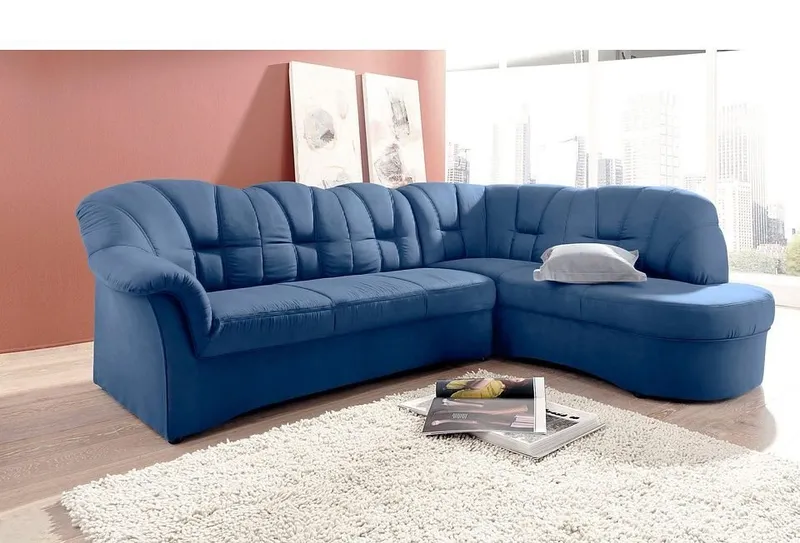 DOMO collection Ecksofa Papenburg, zeitlose Rückensteppung, elegante Armlehne, L-Form, mit Ottomane, wahlweise mit Bettfunktion, Blau, – Produktbild 2 von 5