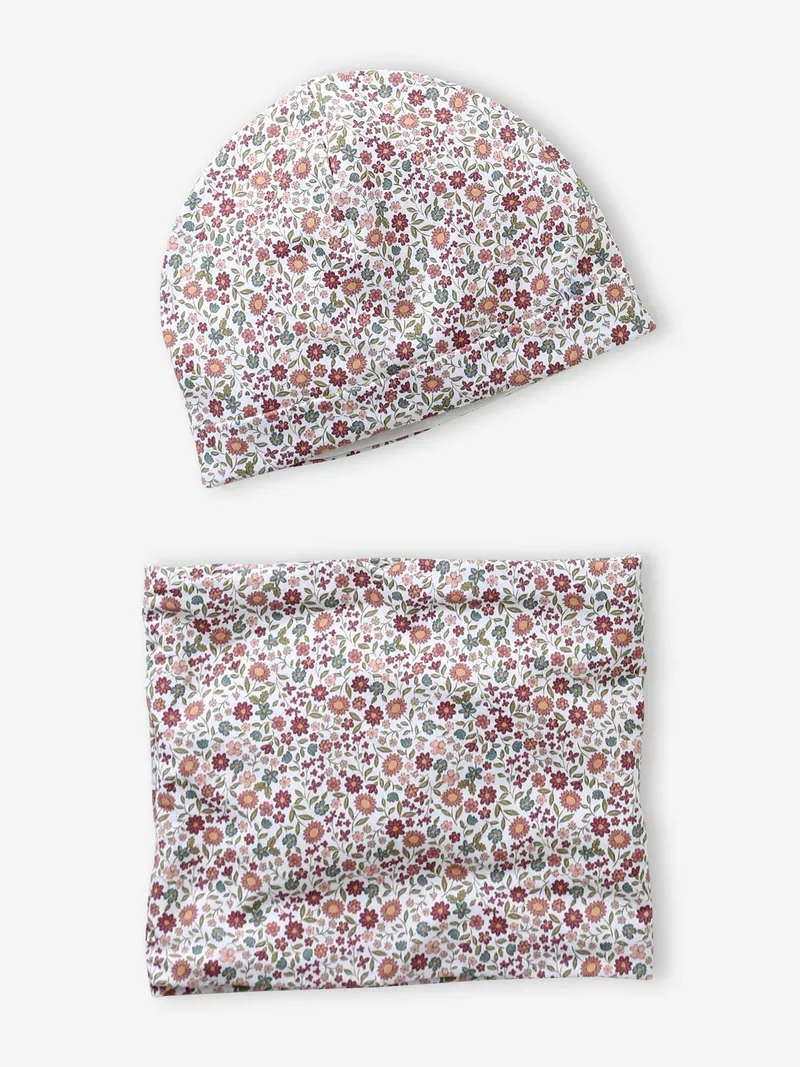 Vertbaudet Blumiges Set aus Mütze und Snood für Mädchen, Rosenholz, – Produktbild 1 von 4