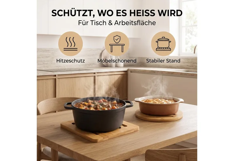 hausleben Topfuntersetzer Bambus-Untersetzer 4er Set 16x16 cm, eckig & rund, Zubehör für Töpfe, Pfannen, Teekannen, Auflaufformen, Set, 4-tlg., 16L x 16B x 1D cm, Beige, – Produktbild 2 von 5