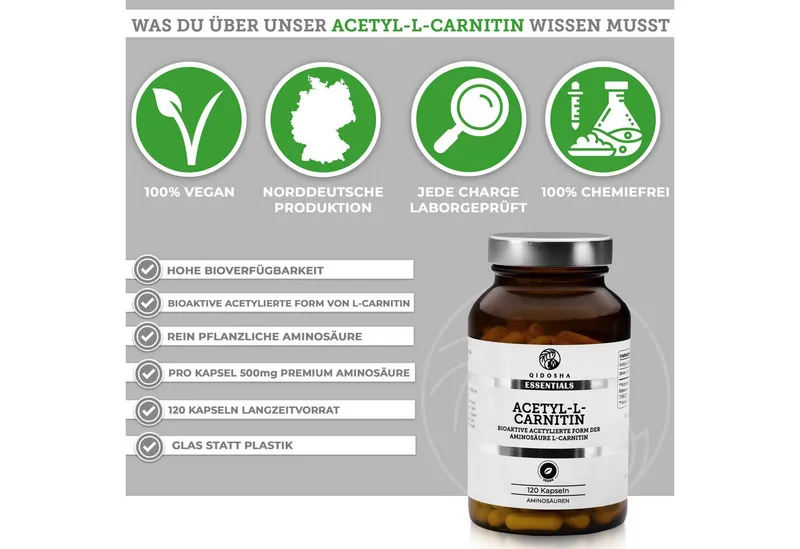 QIDOSHA Acetyl L-Carnitin 500 mg Hartkapsel, 1 er 120 St., 72 g, ALCAR Formel – Produktbild 2 von 4