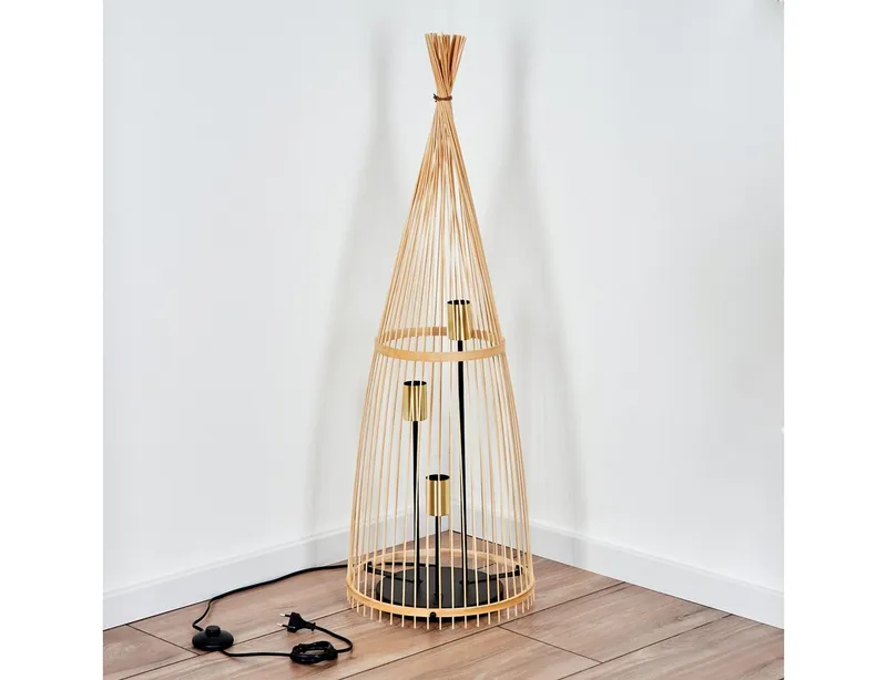 hofstein Stehlampe moderne Stehleuchte aus Metall/Bambus in Schwarz/Naturfarben, ohne Leuchtmittel, Boho-Style, Fußschalter am Kabel, Ø 34 cm, 3 x E27, ohne Leuchtmittel, Beige, – Produktbild 5 von 5