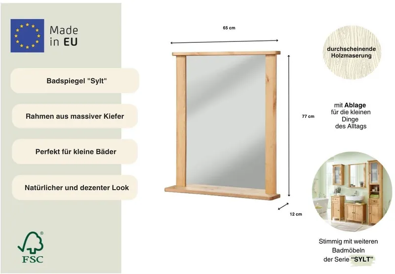 welltime Badspiegel Sylt, Spiegel, Breite 65 cm, Beige, – Produktbild 1 von 5