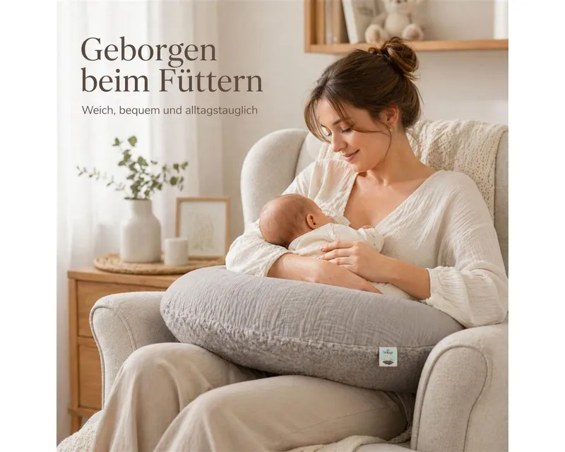 SEI Design Stillkissen Musselin GOTS & Teddyplüsch, Faserbällchen, IGR, Grau, 190x35, Schwangerschaftskissen mit Bezug, 1-tlg., Schwangerschaftskissen mit Bezug, Bezug Musselin Baumwolle, Grau, – Produktbild 3 von 5