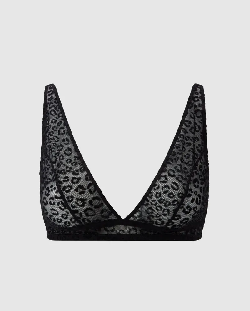 Understatement Understatement Damen vegan Bralette Aus Netzstoff Tief Ausgeschnitten Schwarz Mit Leopardenmuster, Schwarz, – Produktbild 1 von 2