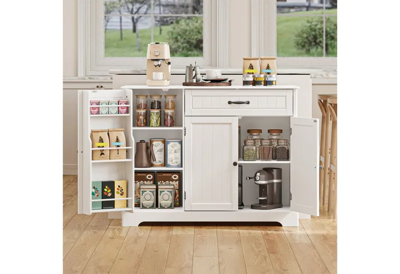 Blishom Sideboard Küchen-Sideboard mit 1 Schublade, 3 Türen und Türablagen, Zusätzliche Fächer für Gewürze, Vorräte und Küchenzubehör, Weiß, – Produktbild 5 von 5