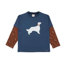 Walkiddy Kinder Langarmshirt GOTS zertifiziert Bio-Baumwolle, Blau, Hunde-Motiv, gemusterte Ärmel, Walkiddy – Produktbild 1 von 1