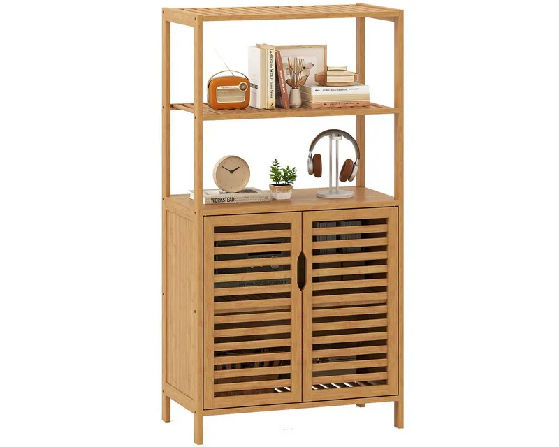 COSTWAY COSTWAY Bücherregal Bambus mit Lamellentüren, Vorratsschrank 60x33x116cm, Standregal, Beige, – Produktbild 2 von 5
