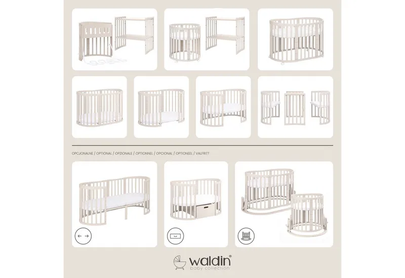 Waldin Waldin Babybett Oval 7in1 mitwachsend, Beistellbett, Matratze, Rollen, Beige, – Produktbild 3 von 8