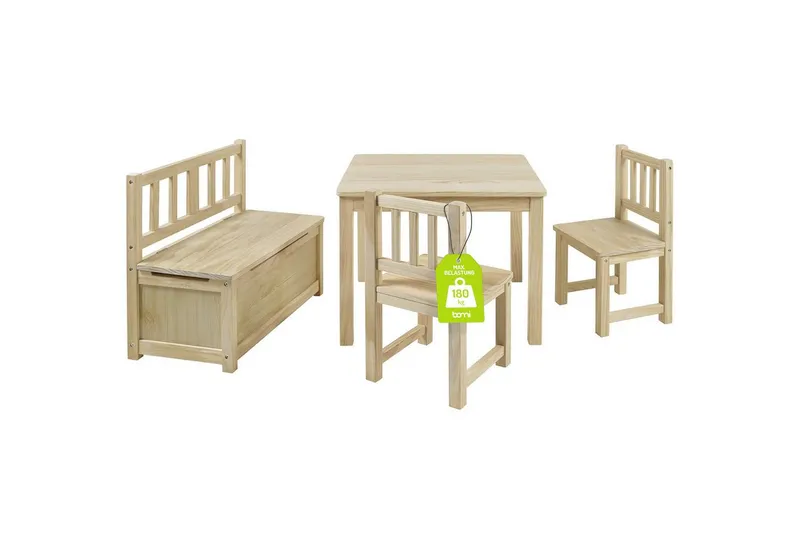 bomi bomi Kindersitzgruppe Holzsitzgruppe Anna, (Set, 4-tlg., 1x Tisch, 1x Truhenbank & 2x Stühle), Kindertischgruppe aus Holz, als Spiel- & Maltisch, Beige, – Produktbild 1 von 8