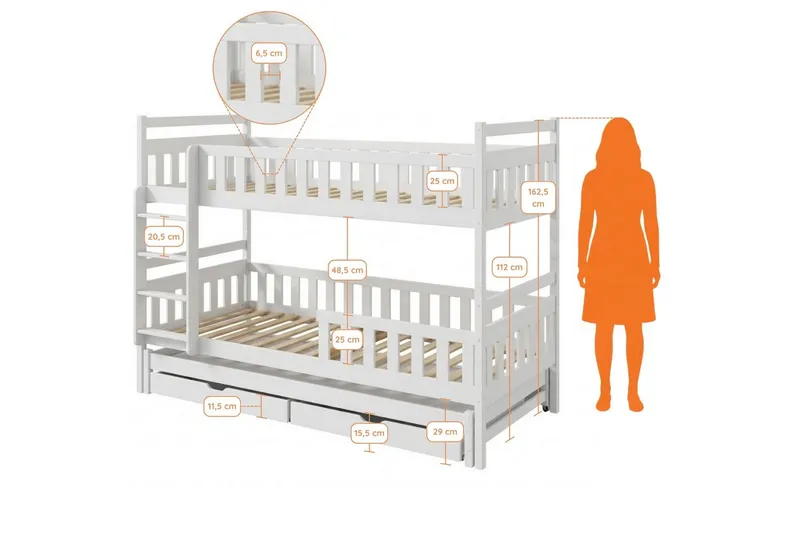 Kids Collective Etagenbett Hochbett Stockbett Kinderbett 90x200 cm mit Ausziehbett und Schubladen (Umbaubar zu 3 Einzelbetten), mit Lattenrosten & Rausfallschutz weiß, Weiß, – Produktbild 3 von 5