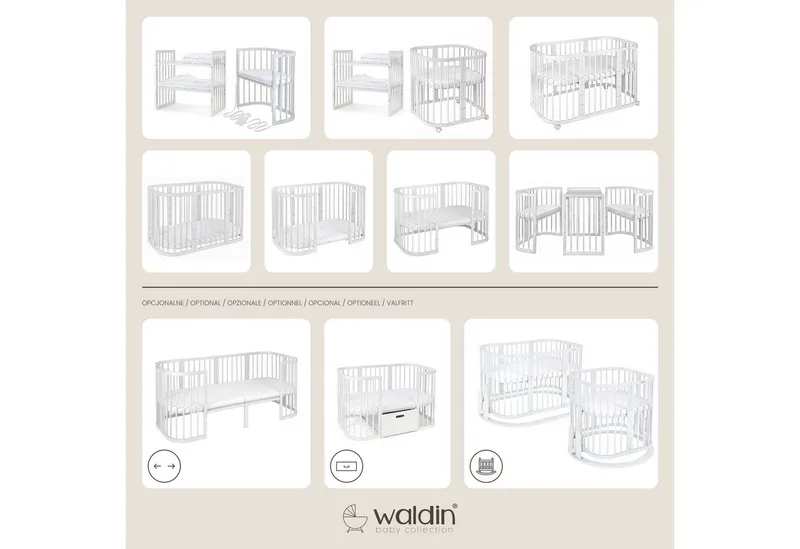 Waldin Waldin Babybett Oval 7in1 mitwachsend, Beistellbett, Matratze, Rollen, Braun, – Produktbild 2 von 5