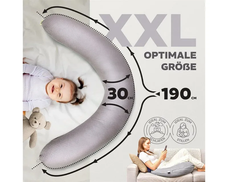 SEI Design Stillkissen Seitenschläferkissen XXL Babynest - Baby Erstausstattung Neugeborene, Schwangerschaftskissen 190x30 cm, Schwangerschaftskissen mit Bezug, Musselin Bezug 100% BIO Baumwolle, Grau, – Produktbild 4 von 5