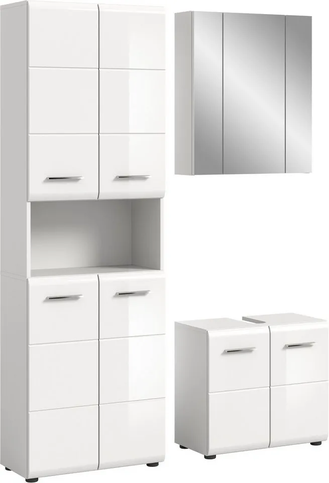 welltime Badmöbel-Set FLORENZ, 3-teilige Badkombination, hochwertige MDF-Front, (Set, best. aus: 1 Hochschrank, 1Waschbeckenunterschrank, 1 Spiegelschrank), Bad-Kombination, Bad-Möbel, Badezimmer, Kombination, Kombi, Weiß, – Produktbild 2 von 5