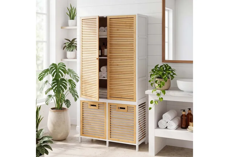 MCW Hochschrank MCW-N83-T Mit Ablagefächern und zwei Wäschekörben, Weiß, – Produktbild 1 von 4