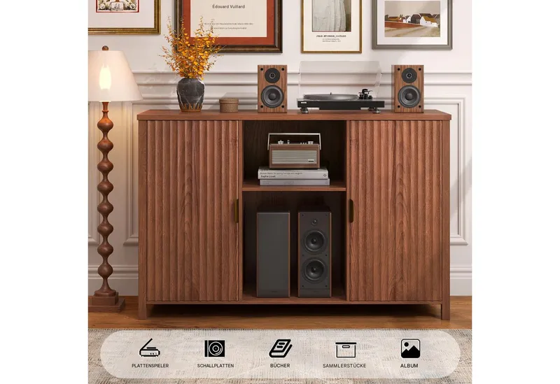 BROTTAR Sideboard Plattenspieler-Schrank, Vinylregal mit offenen Fächern, Rillentüren (1 St), mit Schallplattenaufbewahrung, Braun, – Produktbild 5 von 5