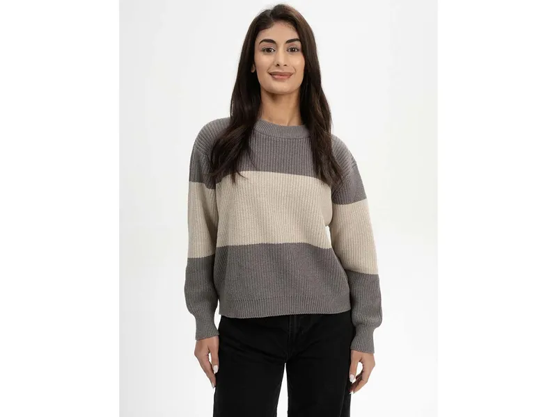 MELA MELA Rippstrick Pullover Style ADAH STRIPES aus 100% Bio-Baumwolle, Bear melange / kiesel melange gestreift, – Produktbild 1 von 5