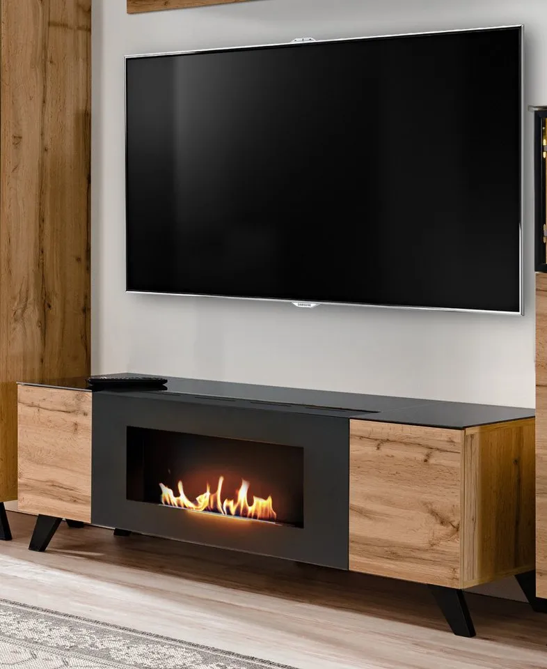 Furn.Design TV-Board Heritage (TV Lowboard in Wotan Eiche mit Schwarz, 2-türig, 150 x 47 cm), Push-To-Open-Funktion und integrierter Kamin, Beige, – Produktbild 2 von 5