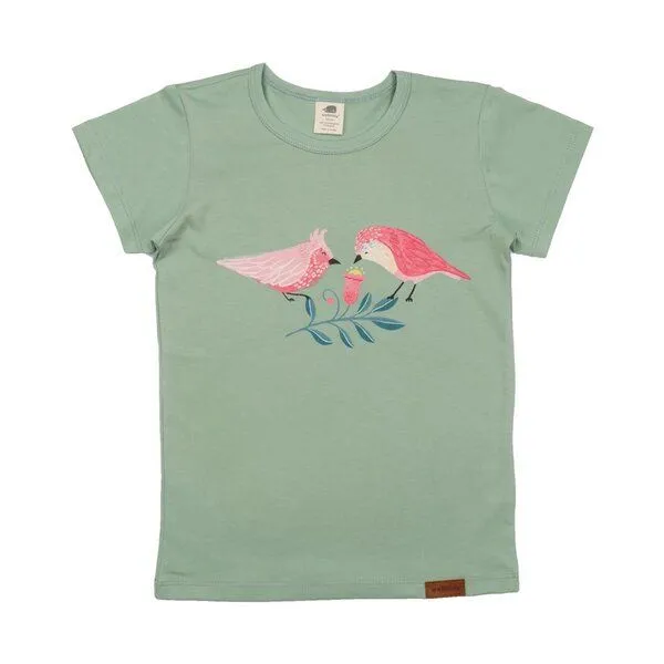 Walkiddy Kinder T-Shirt GOTS zertifiziert Bio-Baumwolle Grün Flamingo-Motiv „Pinky Birds“ Kurzarm weich – Walkiddy – Produktbild 1 von 1